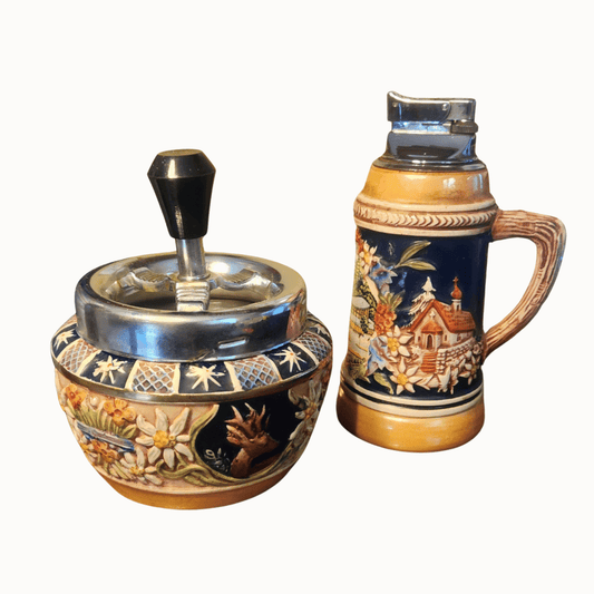 Vintage West German Smoking Set — Stein Lighter & Spin Ashtray, Alpine Relief