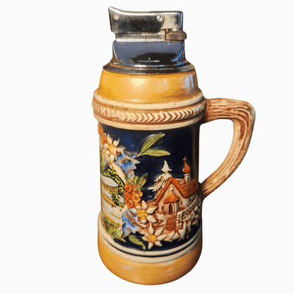 Vintage West German Smoking Set — Stein Lighter & Spin Ashtray, Alpine Relief