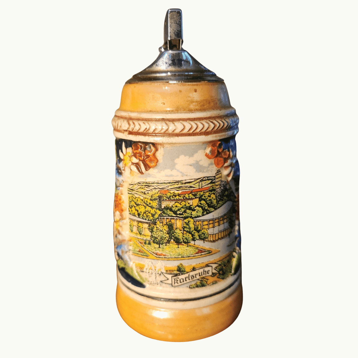 Vintage West German Smoking Set — Stein Lighter & Spin Ashtray, Alpine Relief