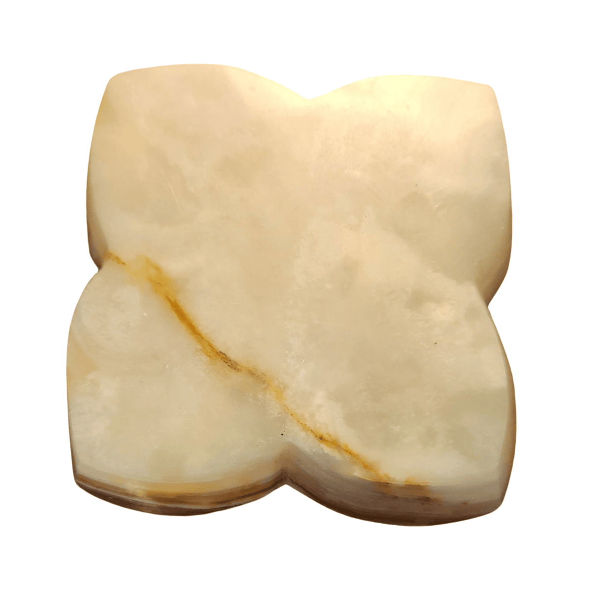 Vintage Hand-Carved Onyx Ashtray — Quatrefoil Clover, Honey & Cream Banded Stone
