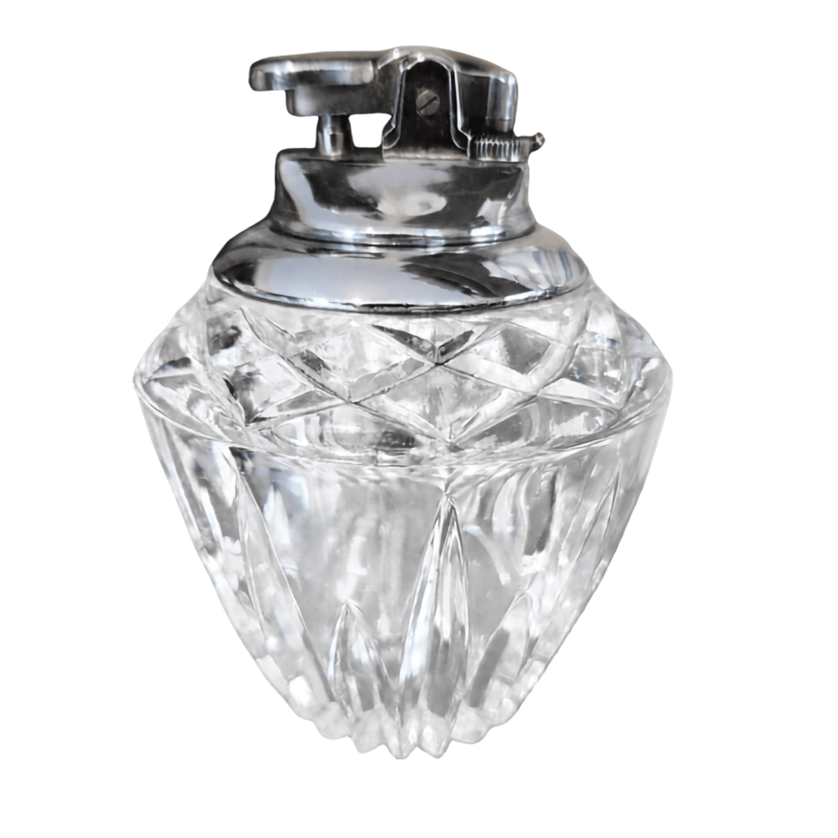 Vintage Crystal Table Lighter — Diamond Cut Glass with Chrome Top, Butane