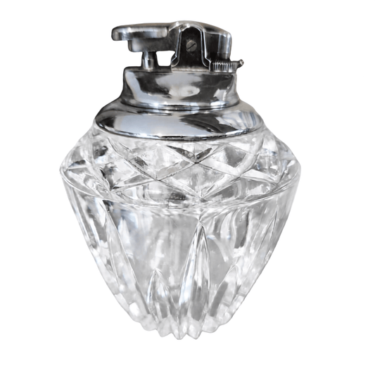 Vintage Crystal Table Lighter — Diamond Cut Glass with Chrome Top, Butane