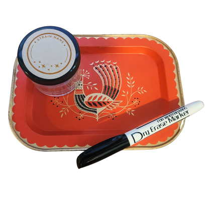 Vintage Folk Art Peacock Metal Tray, Red Toleware with Gold Accents