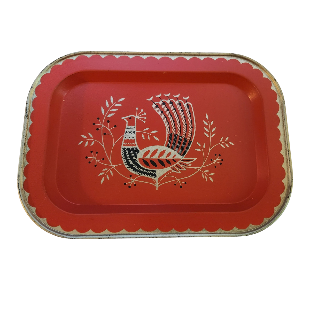 Vintage Folk Art Peacock Metal Tray, Red Toleware with Gold Accents